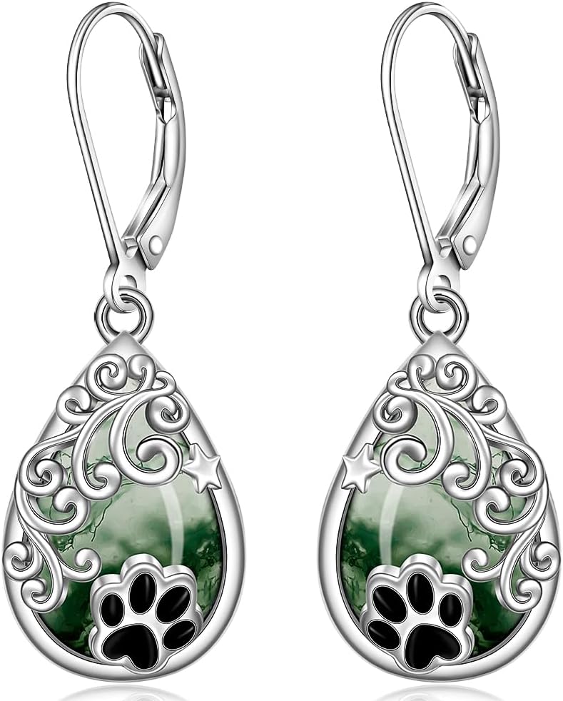 Paw Print Earrings for Women Moss Agate Sterling Silver Dog Paw Dangle Earrings Teardrop Leverback Jewelry Gifts