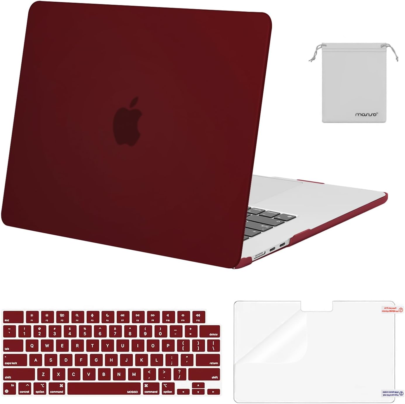 MOSISO Scratch-Resistant Case Compatible with MacBook Air 15 inch M5 2026 M4 2025 M3 M2 2024 2023 A3448 A3241 A3114 A2941, Protective Hard Shell&Keyboard Cover&ScreenFilm&Storage Bag, Burgundy