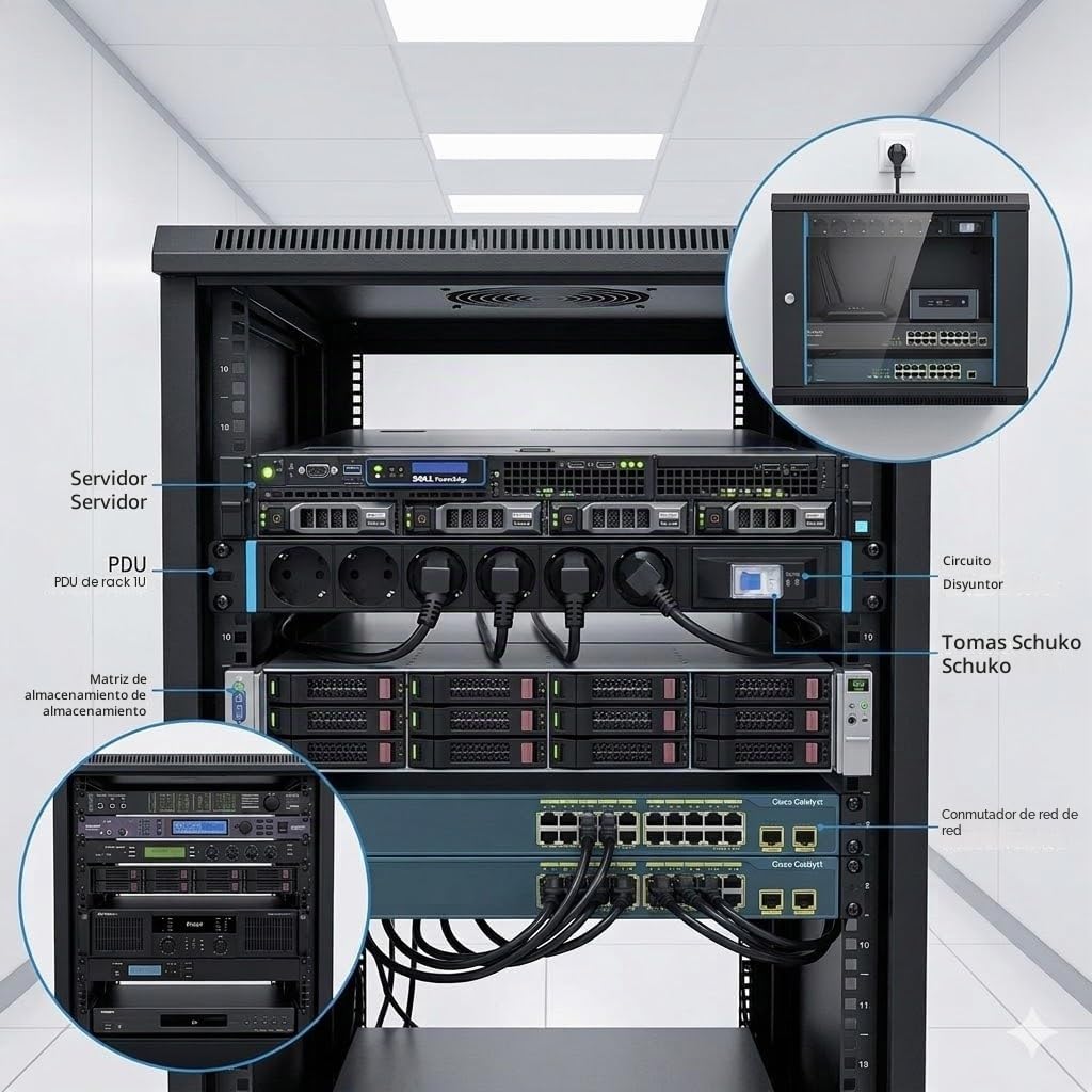 Infitronic - INSV1012 - Regleta de 19 Pulgadas, 7 enchufes, Distribuidor de Corriente 1U con Interruptor de protección de línea/Interruptor FI/LS