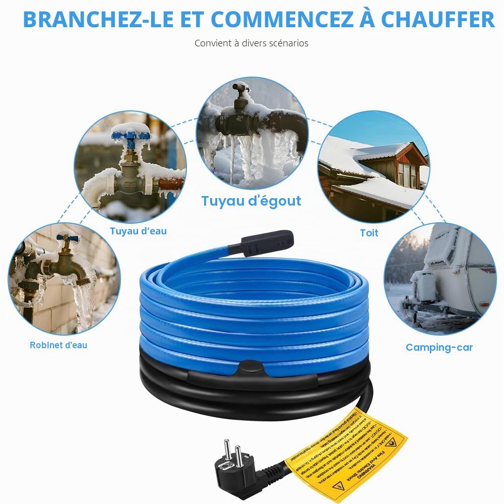 Câble Chauffant Antigel, 6M Fil Chauffant Antigel, avec Thermostat Intégré, pour protéger les tuyaux d'eau, des tuyaux domestiques en métal/plastique, des gouttières et des égouts (8m, 25 W/m)