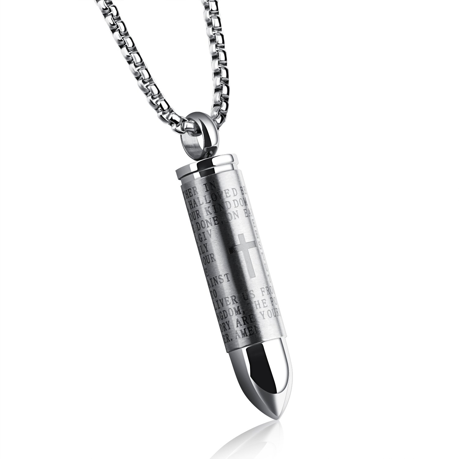Mens Stainless Steel Holy Lord's Prayer in English Cross Bullet Pendant Necklace Urn Ashes Cremation Jewelry Silver Black Gold