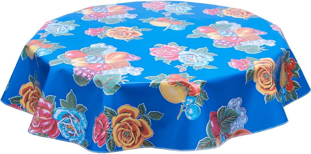 Round Oilcloth Tablecloth in Lemon and Roses Blue - You Pick The Size!