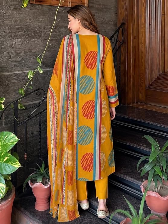 Image of ANNI Designer Cotton Blend Printed Straight Kurta with Pant and Dupatta for Women | Cotton Blend Mustard | Full Sleeve | Round Neck V-Slit | Ethnic Wear Casual Wear