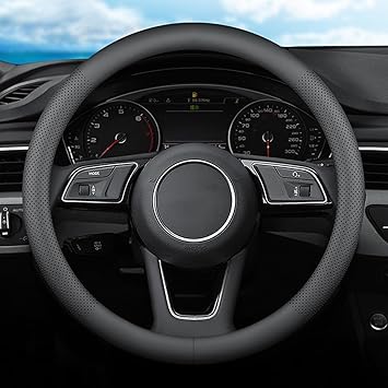XHRING Car Steering Wheel Cover for Audi Q5 A4 Q3 A3 Q7 A6 A5 Q8 S5 Q4 A6 A7 A8 S3 S4 S6 S7 S8 SQ5 Allroad Sportback PHEV Quattro Prestige Accessories, 2024 Black Nappa Leather 14 1/2-15 inches