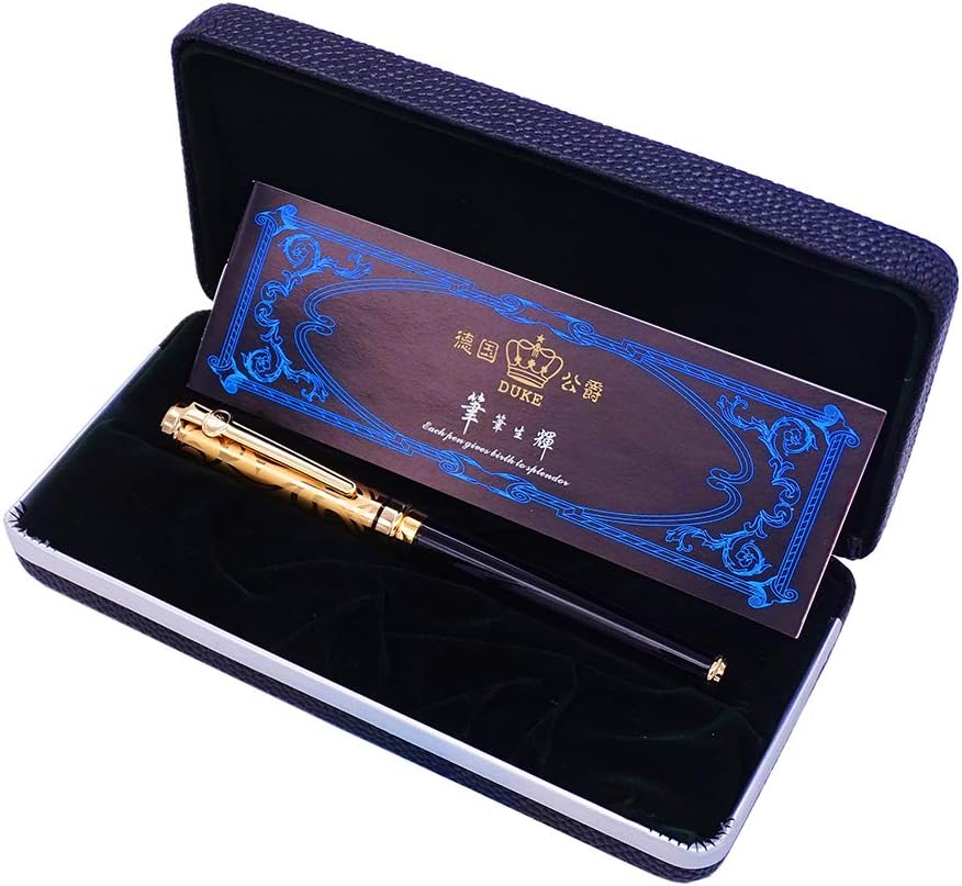 erofa Duke Sapphire Fountain Pen Gold Cap with Original Gift Box Writing Set, Iridium Medium Nib Unique Electroplated Engraving Cap for Office Gentlemen Ladies