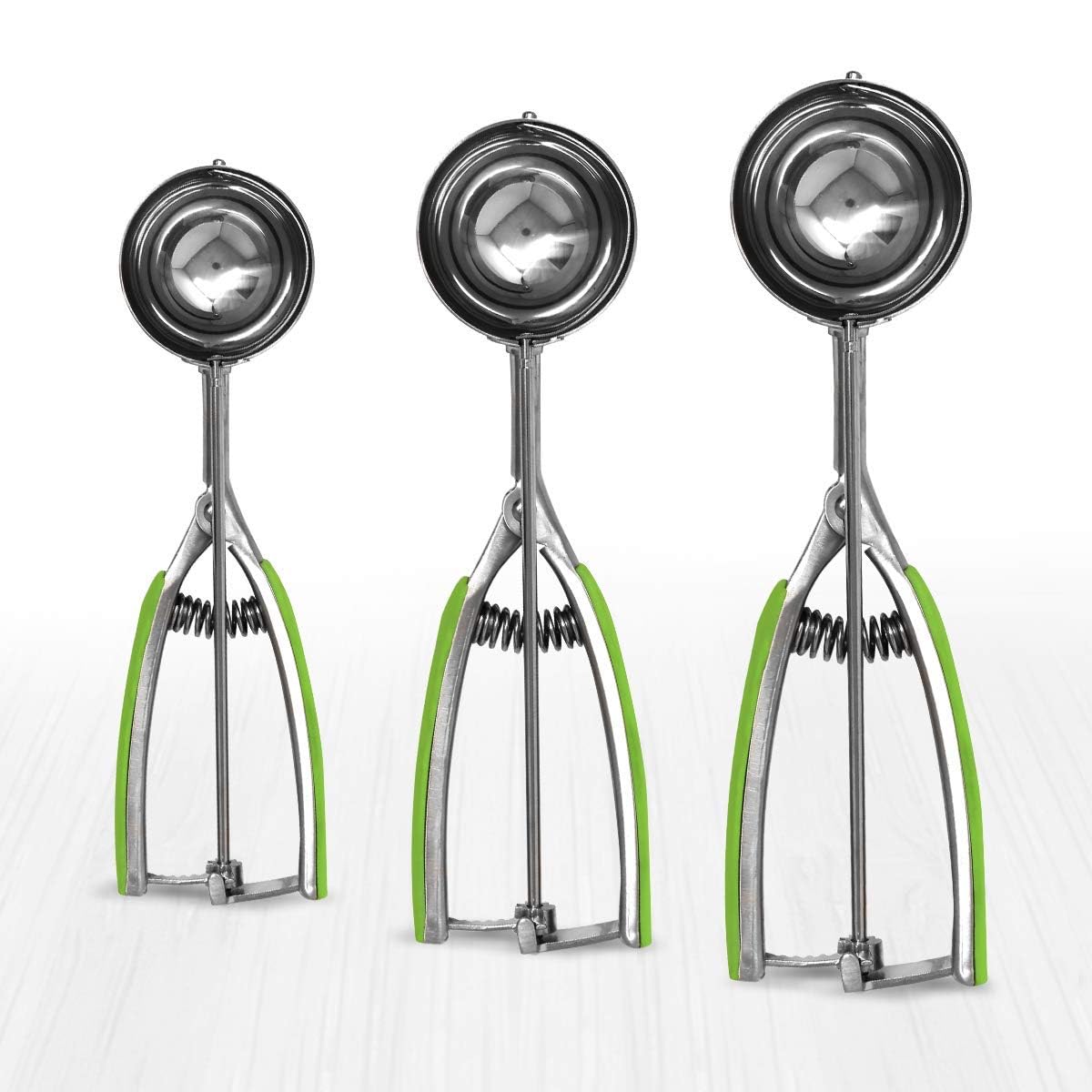 Millvado 3 Pack Stainless Steel Ice Cream and Cookie Scoops | With Green Rubber Grips – Spring Loaded Lever Design – For Sorbet, Melon, Meatballs, Muffins, and More – Includes 1 Oz, 2 Oz, 3 Oz Scoop