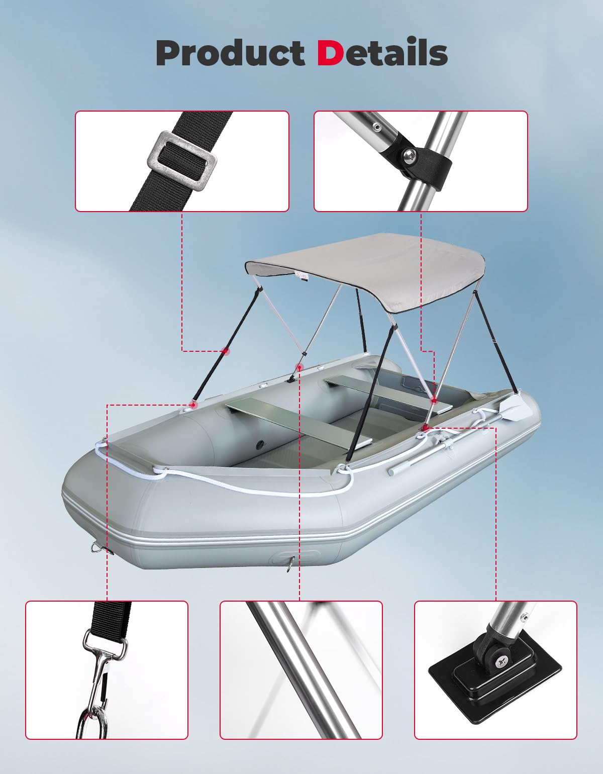 KEMIMOTO Bimini Top Bootsabdeckung Sonnenverdeck, Bootsverdeck Sonnendach Sonnensegel Sonnenschutz, Grau, 161 L*119-139 W*110 H cm