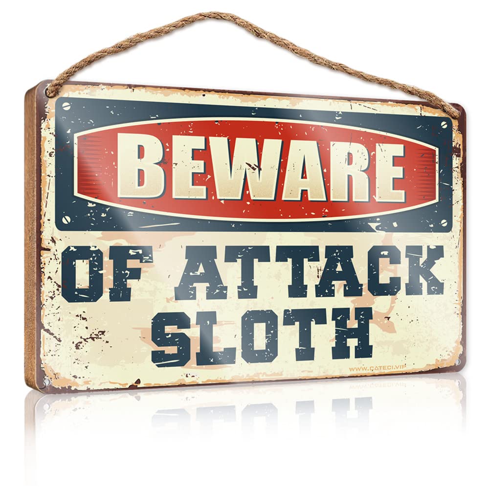 FZFN Funny Room Decor Beware Of Attack Sloth Wooden Sign Porch Decorations Outdoor Home Decor Farmhouse(23X35CM)