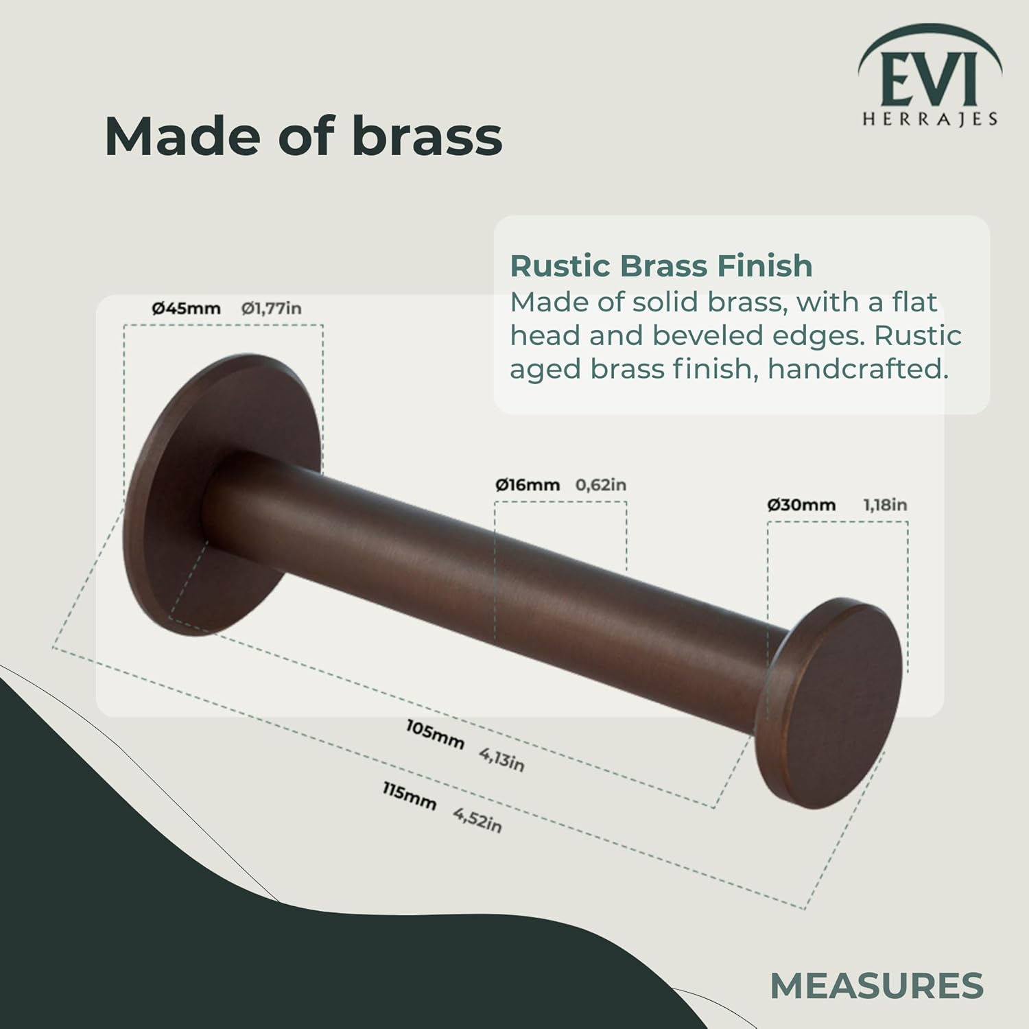 EVI Herrajes | Wall Mounted Toilet Paper Holder | Adhesive or Screw-On | Rustic Brass | Mod. 050PR1DUALLRU