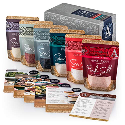 SaltWorks Artisan Classic Salt Gift Set, Featuring All-Natural Red Hawaiian-style, Himalayan Pink Fine Grain, French Fleur de Sel and More, Box of 6 Recipe Cards & Salts
