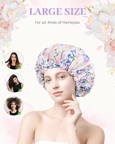 Miniatura 2 de Aquior Gorro de ducha impermeable de doble capa para mujer, gorro de ducha grande reutilizable para todas las longitudes de cabello con forro de