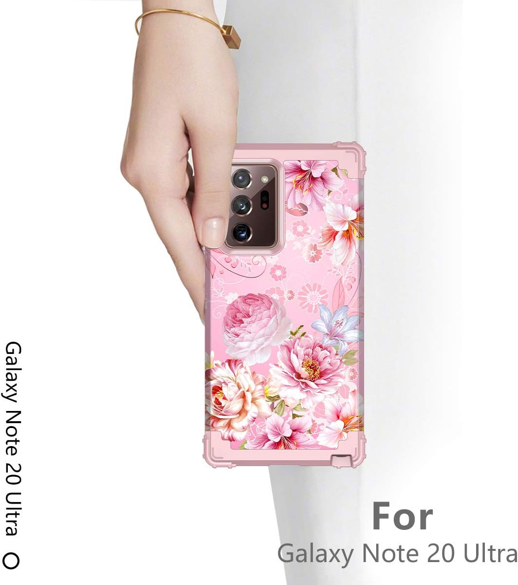 Hekodonk Compatible Note 20 Ultra Case Floral Design Shiny Heavy Duty Shockproof Full-Body Protective High Impact Hybrid Hard Cover for Samsung Galaxy Note 20 Ultra Pink Flower