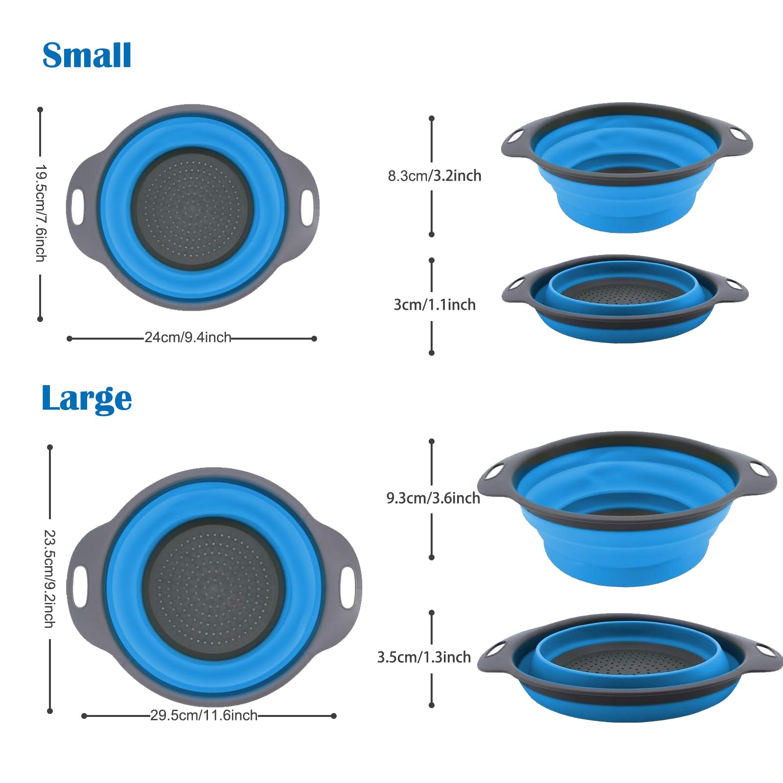 Colador plegable, juego de 2 coladores plegables, cocina que ahorra espacio, colador plegable de silicona de grado alimenticio con mango (azul) 2