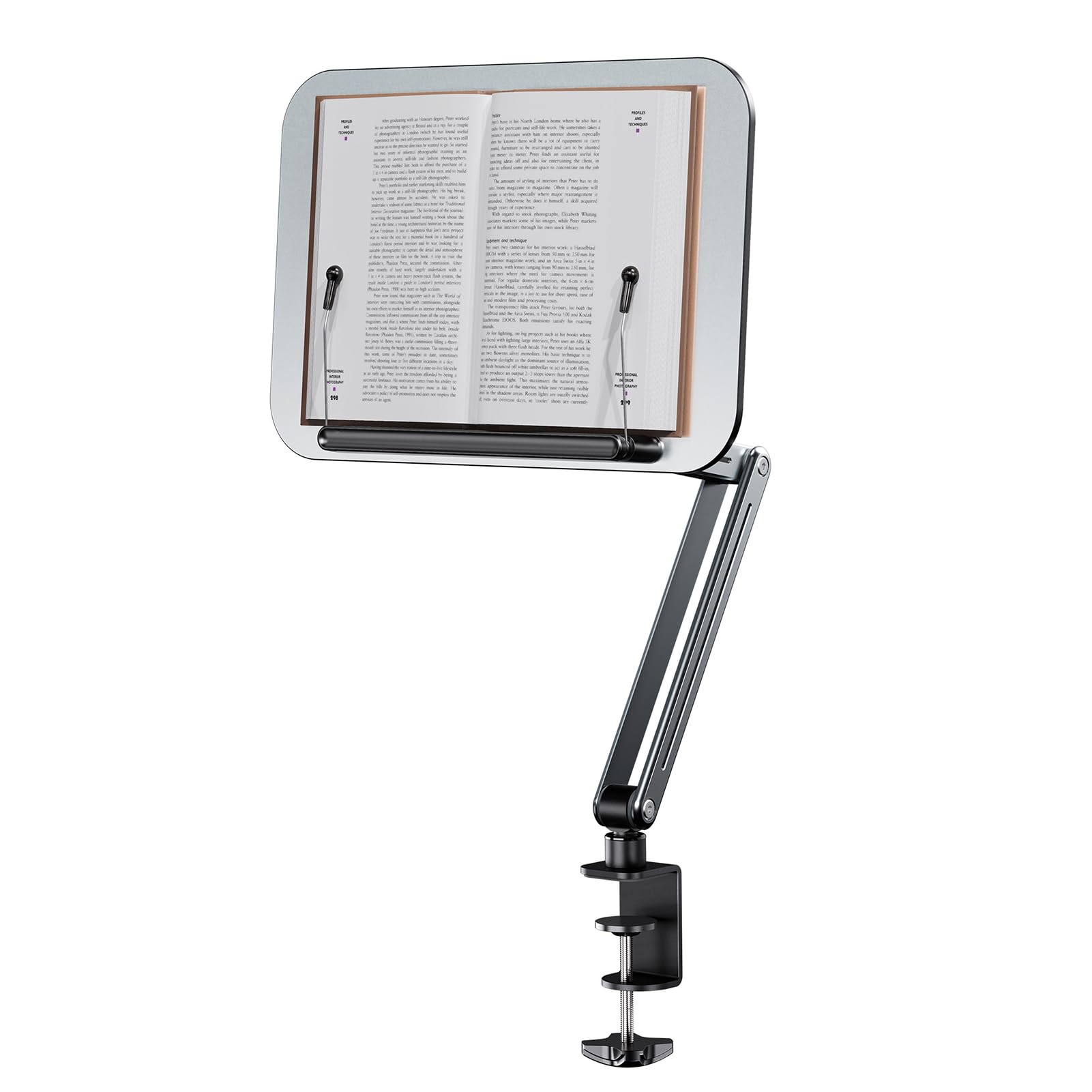 Support de livre de bureau avec bras cantilever rotatif à 360° - Panneau pliable en aluminium et plastique - Angle réglable en hauteur - Support de cuisson pour liseuse, livre de recettes, magazines