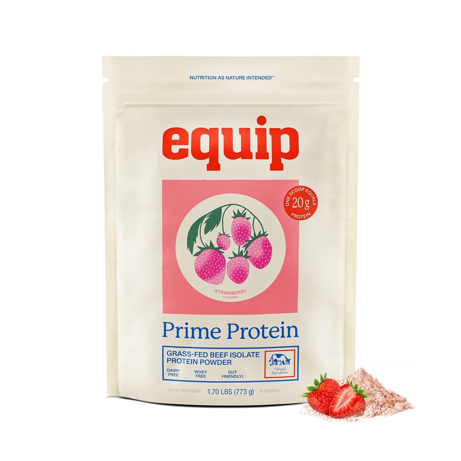 Equip Foods Prime Protein Powder | Clean, Grass Fed Beef Protein Powder | Carnivore Protein Isolate | Paleo, Keto Friendly | Gluten & Dairy Free | Helps Build & Repair Tissue | 30 Servings, Strawberry