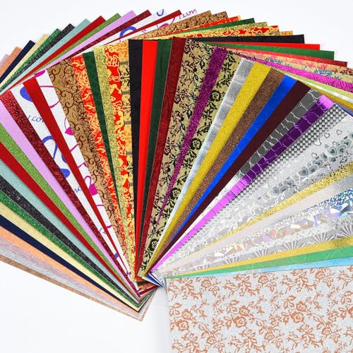 A5 GlitterTextured Scrapbook Paper - 50 Sheets Assorted Colors Designs Embossed Holographic Art Paper Pack for Greeting Cards Scrapbooking Collage Holiday Crafting