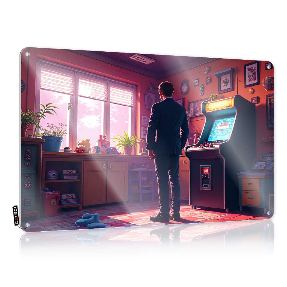 Man In Suit Admires Arcade Game. Humorous Farmhouse Signs | Neon Vintage Style Gift For Boyfriend Days Decoration Easy Hang(30X40CM)