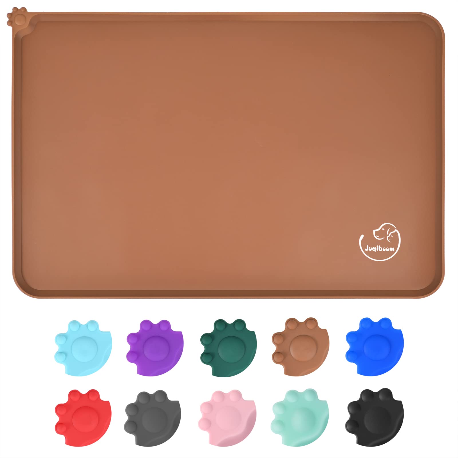 Juqiboom Silicone Waterproof Dog Cat Pet Feeding Mats, Non Slip, Easy Clean Pet Dog Cat Bowl Mats Placemat (18.5" x 11.5") Brown
