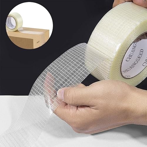 CHUANGSEED 2 Stück Filament-Umreifungsband, Filamentband Fadenverstärkt 50mm X 50m transparentes Packband glasfaserverstärktes Teppichband, Verpackungsband, starkes Klebeband (Gitter 50mm X 50m)