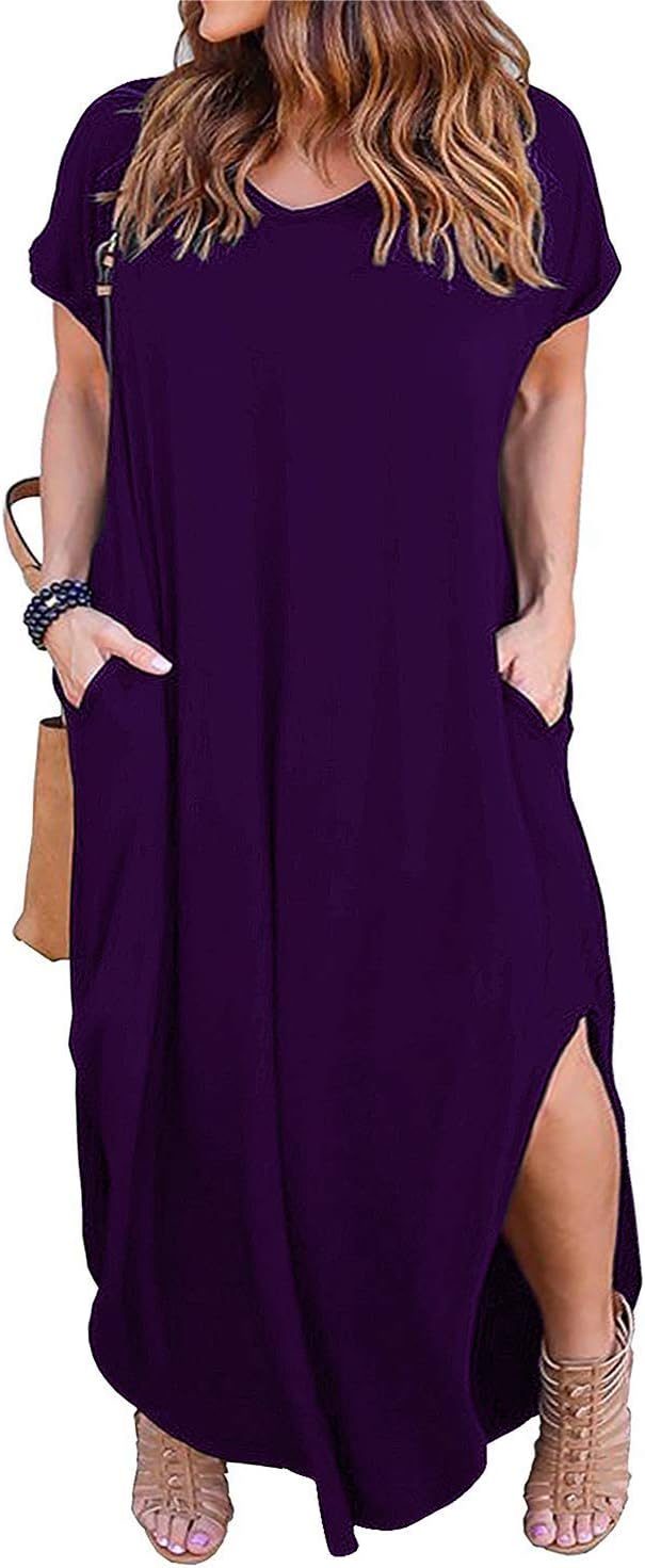 HBEYYTO Women's Plus Size Maxi Dresses V Neck Casual Short Sleeve Loose Pocket Slits Long Dress XL-5XL
