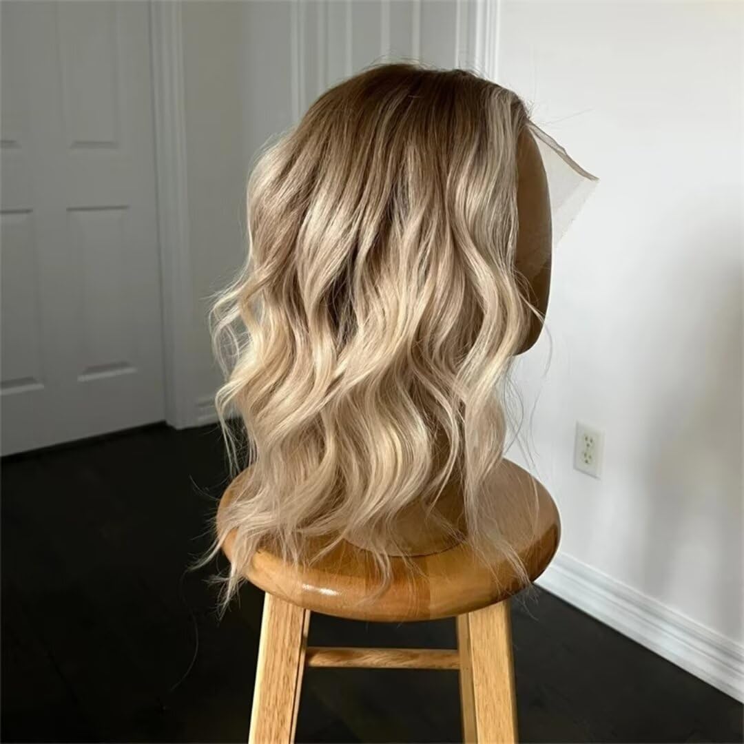 Short Bob Ash Blonde Lace Frontal Wig Human Hair Brown Highlight 13x4 Water Wave HD Transparent Lace Front Human Hair Wigs For Women 180% Density Brazilian Hair Blonde Highlight Wigs 16Inch