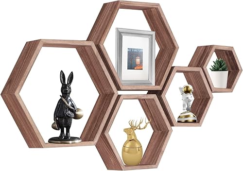 Juego de 5 estantes flotantes hexagonales estantes de pared de madera para montar en la pared para baño cocina dormitorio sala de estar oficina