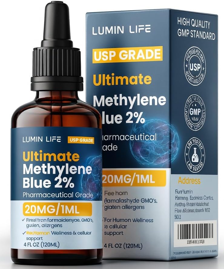 120ml 2% Methylene Blue Pharmaceutical Grade | Ultra High Purity Solution, Supports Cellular Energy Cognitive Clarity & Mitochondrial Function Aqueous USP Grade Solution, Formaldehyde Free, Amber Glass Bottle with Graduated Dropper