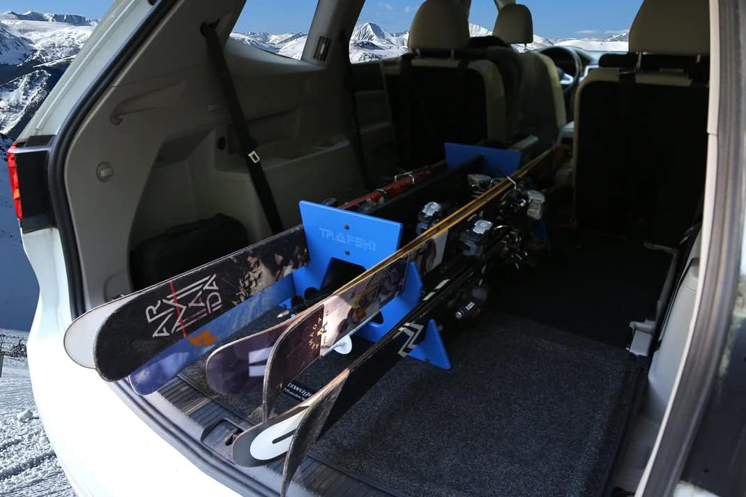 TRAPSKI Quad Powder Ski and Snowboard Mobile Rack | Marine Grade HDPE Plastic | UV Protected | Premium Strap Included | 3 Year Warranty | Made in The USA | Veteran Owned Business (Blue, Quad)