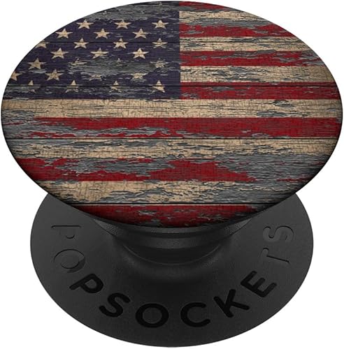 Agarre y soporte para teléfonos y tabletas de la bandera estadounidense de madera climatizada.