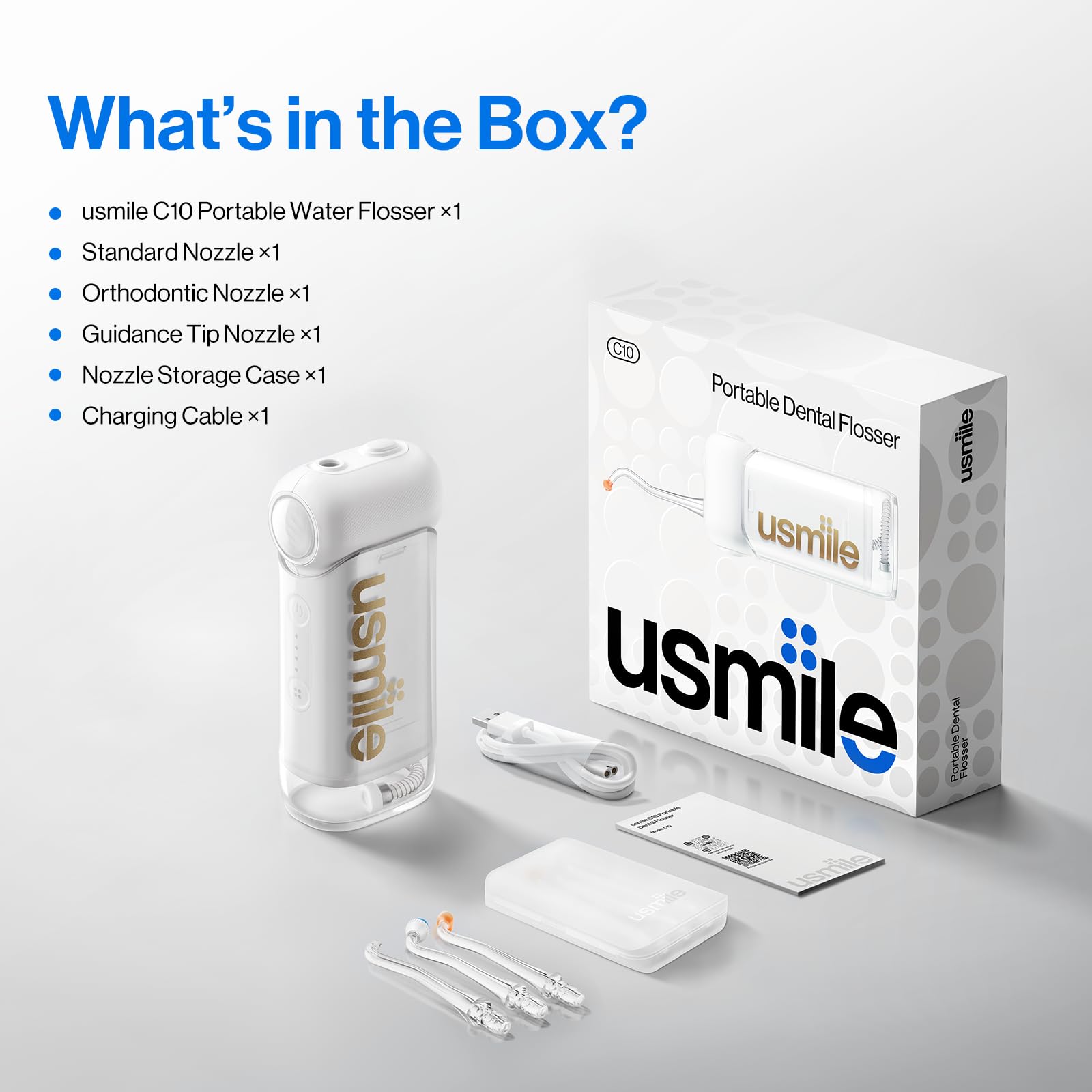 usmile C10 Portable Water Flosser – Travel-Friendly, 95-Day Battery, 4 Modes, 360° Nozzle, 180ml Tank, IPX7 Waterproof, Dentist-Recommended for Braces, Implants & Sensitive Gums (): White