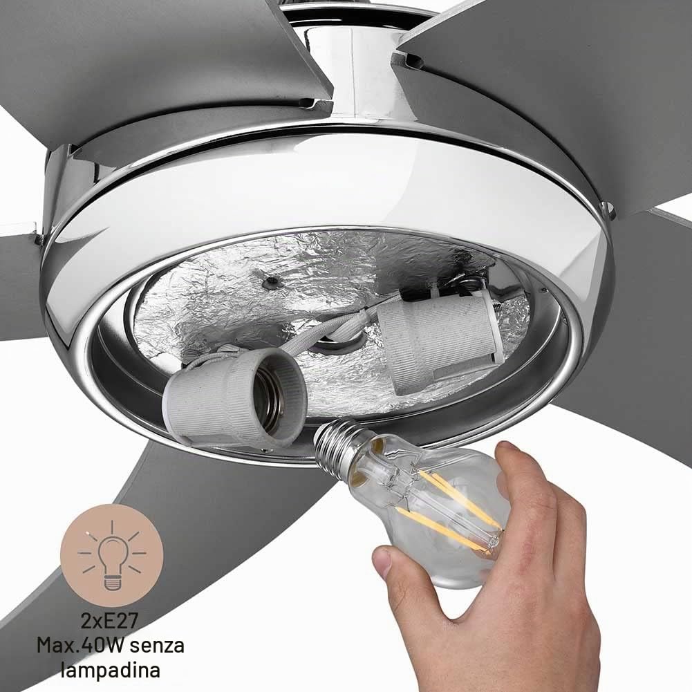 BAKAJI Ventilatore Lampadario da Soffitto 5 Pale in Legno con Lampada in Vetro Satinato 3 Velocità Inversione Rotazione Funzione Timer e Telecomando Attacco 2 Lampadine E27 Max 40W Diametro 132cm