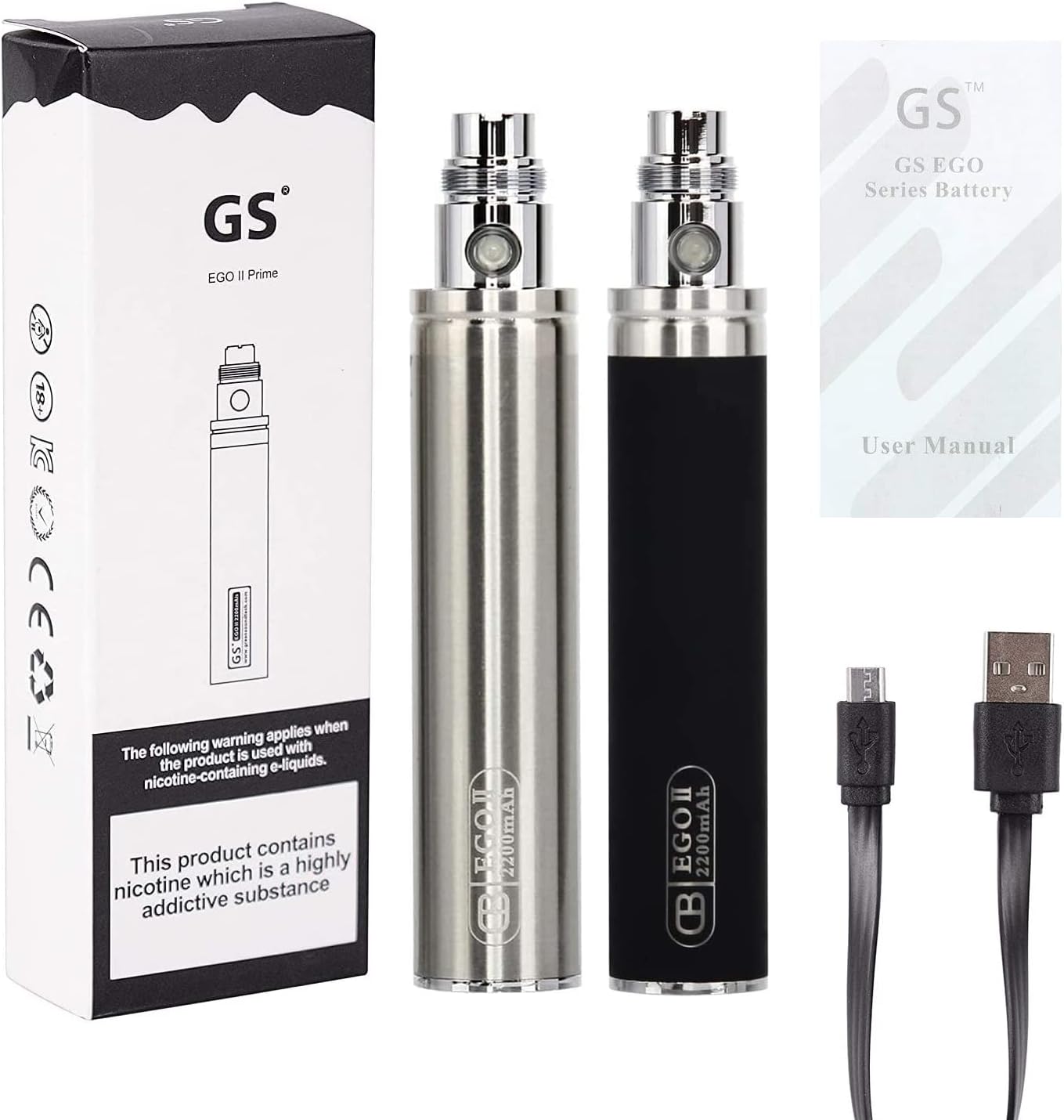 E-Cigarettes Battery Kit Discoball Authentic GS Ego II Rechargeable Battery and USB Charging Cable for 510 Thread Vape Pen Nicotine Free (Black+Steel, 2200mAh, 2 PCS)