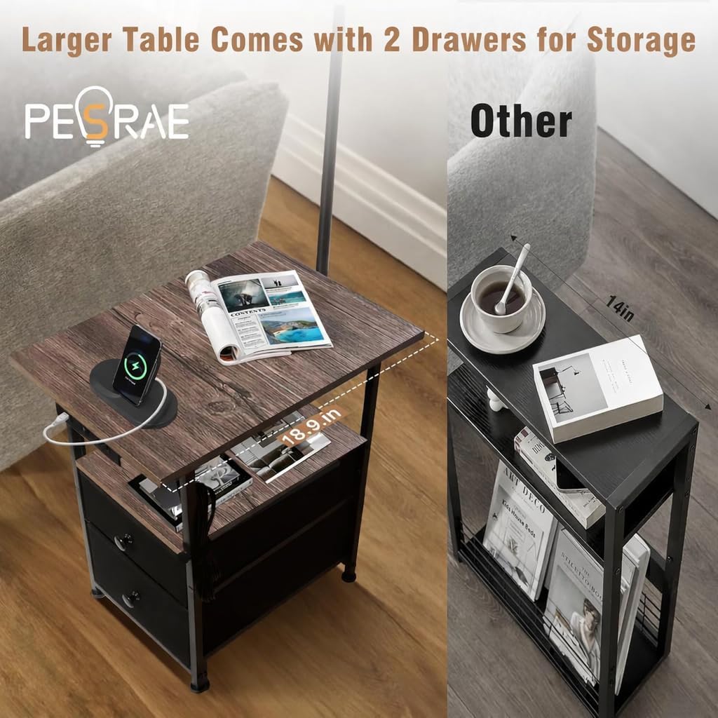 PESRAE Floor Lamp with Table & 2 Drawers, End Table with 3 Color Temperature Reading Light, Side Table Lamp with USB & Type C & AC Charging Port for Bedoom, Home Office