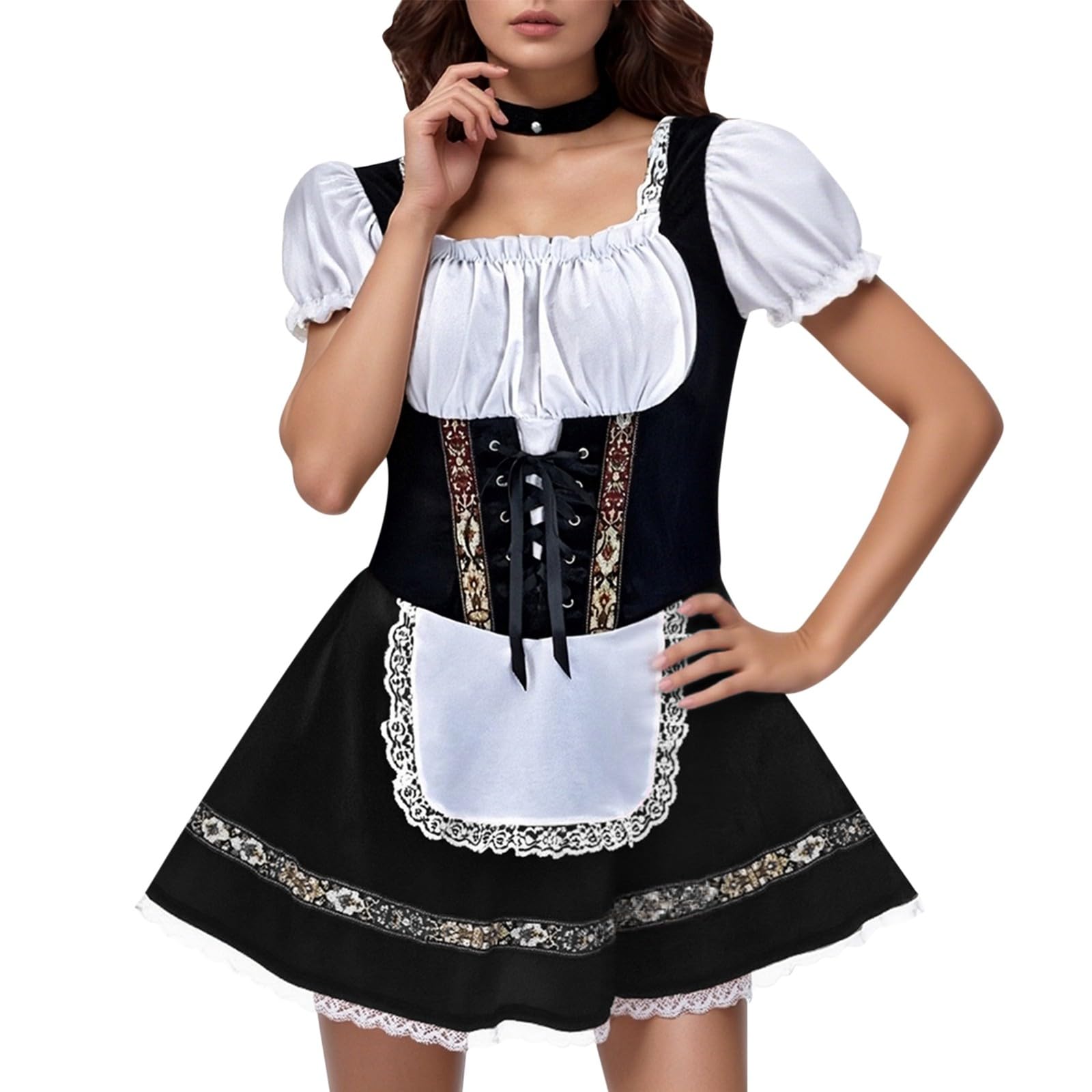Women's Oktoberfest Outfit German Beer Bavarnian Dress Traditional Puff Short Sleeve Halloween Costumes for Womens, S-4XL