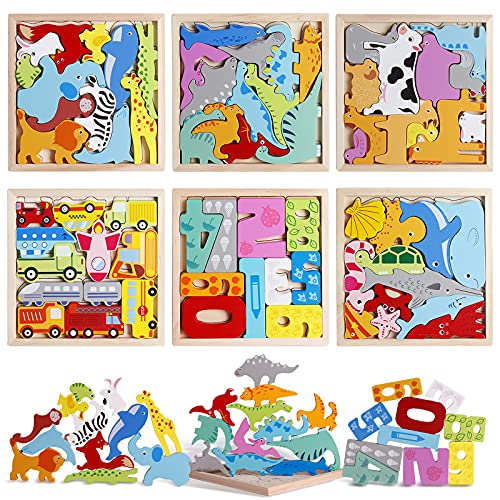Image of 6 Packs Vehicles Animals Numbers Dinosaur Sorting & Stacking Toys Wooden Blocks and Puzzles for 3 4 5 Years Old Boys & Girls Birthday Holiday Montessori Gifts Toys for Toddlers