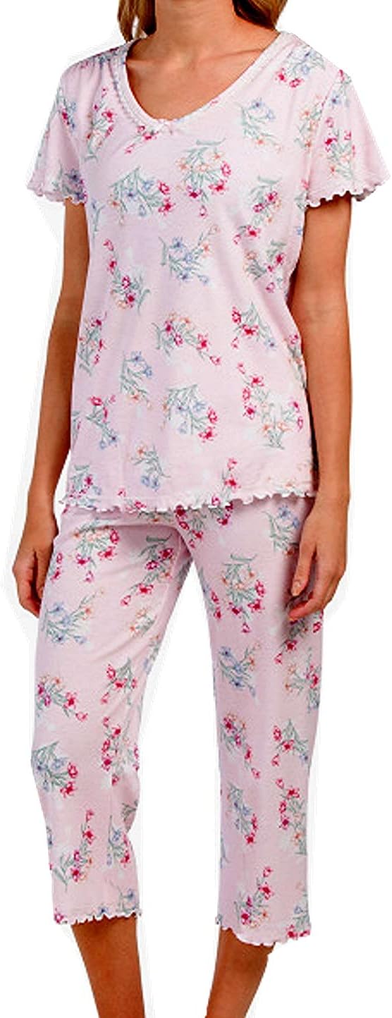 Miss Elaine Women's Soft Knit Pajama Set. Button Top with ¾ Sleeves, and Cropped Pants (Large