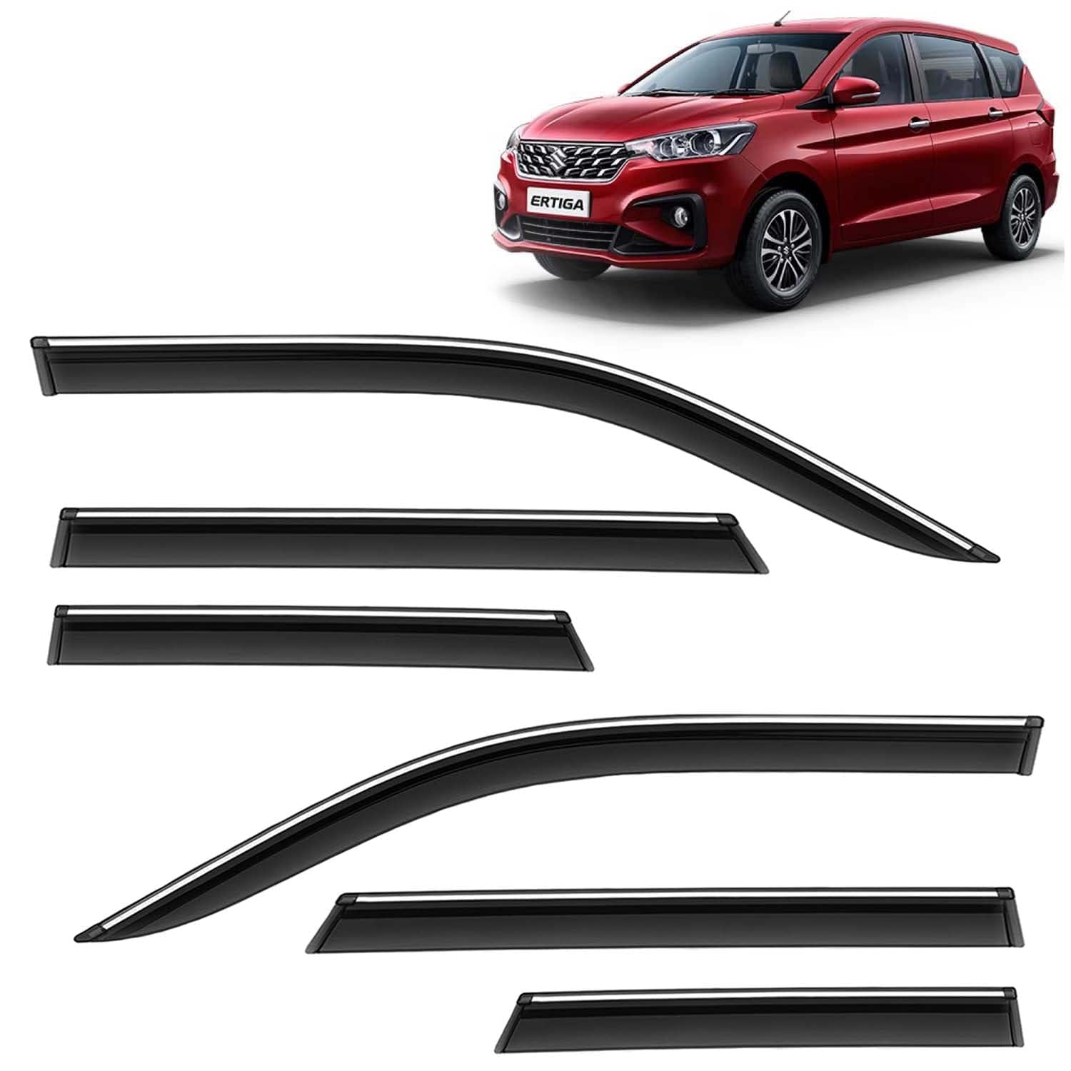 KINGSWAY Accessories Chrome Lining Door Visor Only Compatible with Maruti Suzuki Ertiga Year 2022 to 2025 All Model, Premium Unbreakable Car Rain Guard Side Rear Wind Deflectors, Set of 6 Pcs