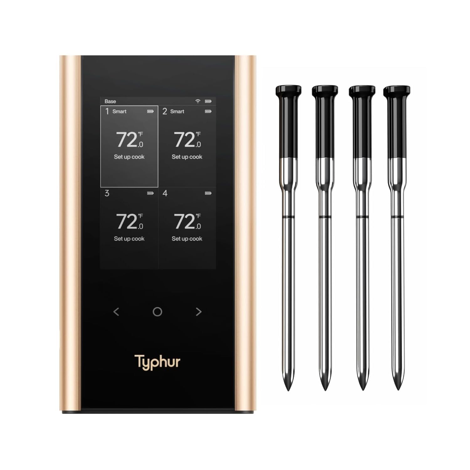 Typhur Sync Gold Kabelloses WLAN Fleischthermometer mit 4 schlanken Sonden, 6 Sensoren, ±0,3°C Genauigkeit, Smart Base, 10x stärkeres Signal für Kamado, Grill, BBQ, Ofen, Smoker, Airfryer