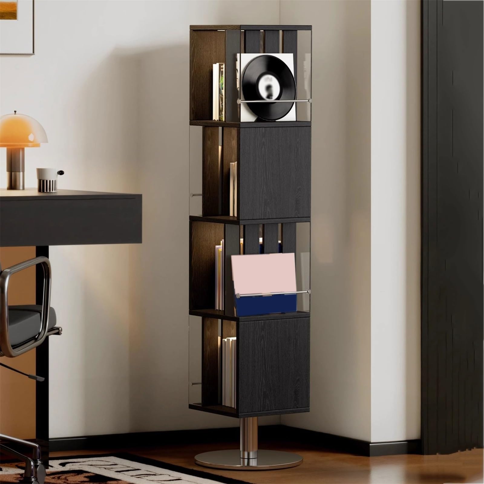 Custodia per CD Porta CD girevole in legno for soggiorno con telaio in acciaio inossidabile, espositore for dischi Portadischi