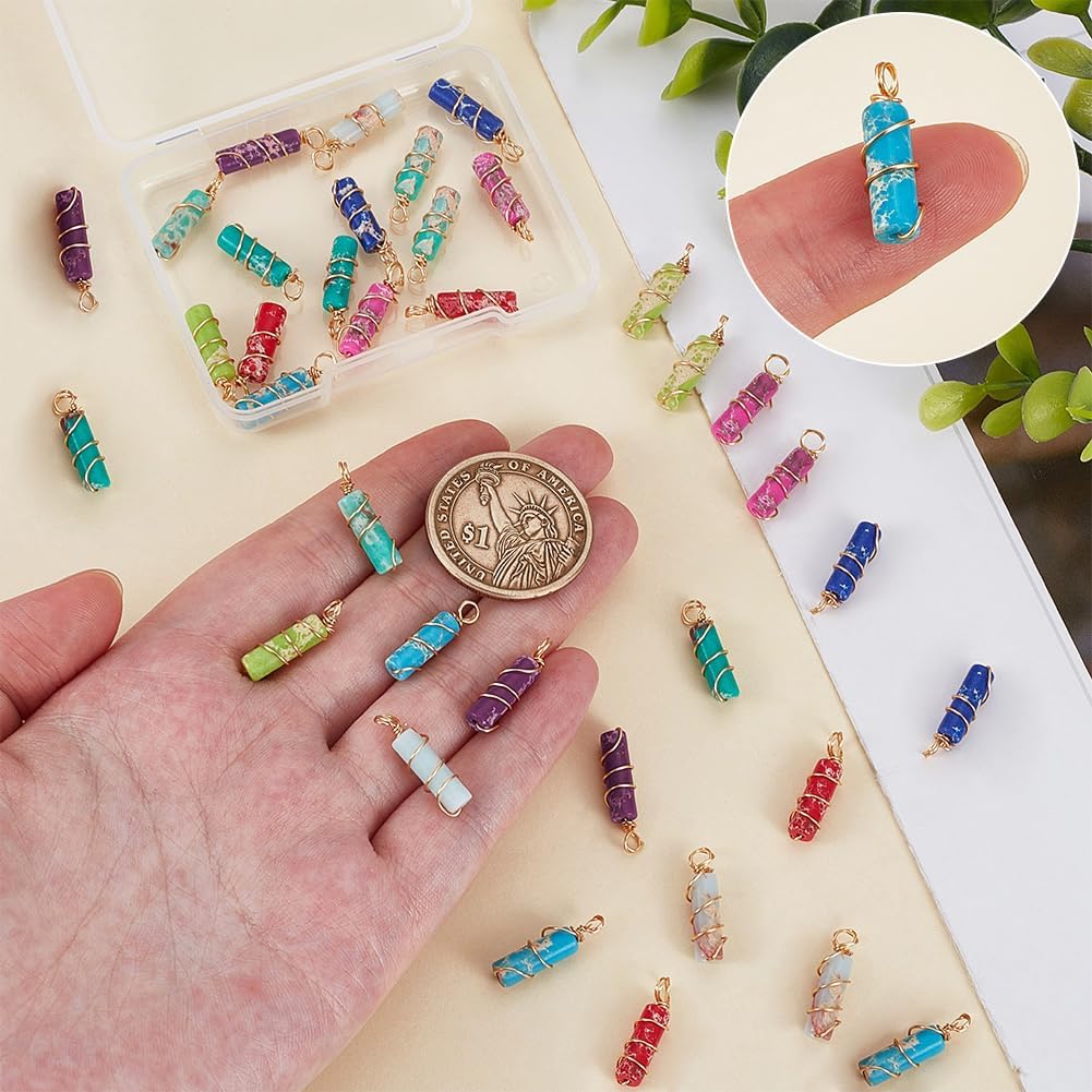 FINGERINSPIRE 36 Pcs 9 Colors Column Natural Stone Dangle Gold Plated Copper Wire Wrapped Pendants 0.7inch Dyed Synthetic Imperial Jasper Wire Wrapped Pendants for Jewelry Making - Image 3