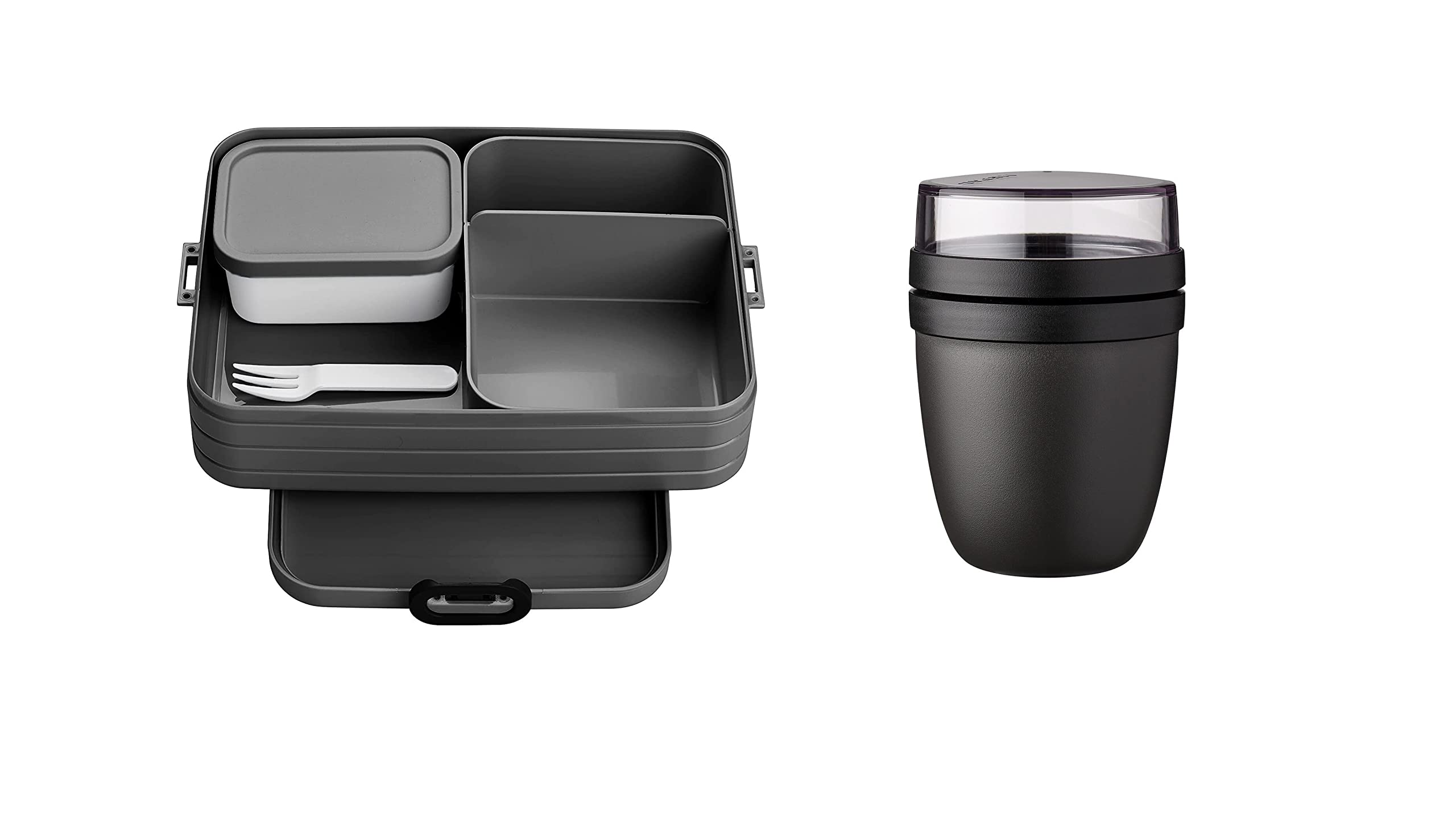 Mepal Take a Break - Set da pranzo a 2 pezzi, grande, con contenitore per il pranzo, tazza pratica per il cereale, contenitore per il pranzo con scomparti, adatto per fino a 8 fette di bread, nero