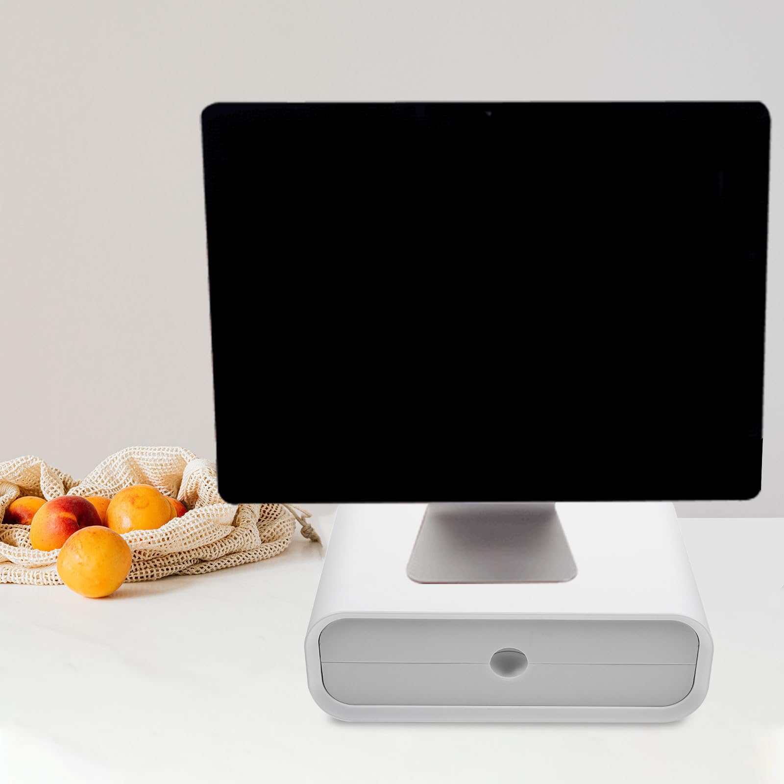 Rialzo per Monitor in Plastica Bianco con Cassetto Scorrevole, Bordi Delicati e Arrotondati, Supporto da Scrivania per Ufficio e Camera con Facile Organizzazione