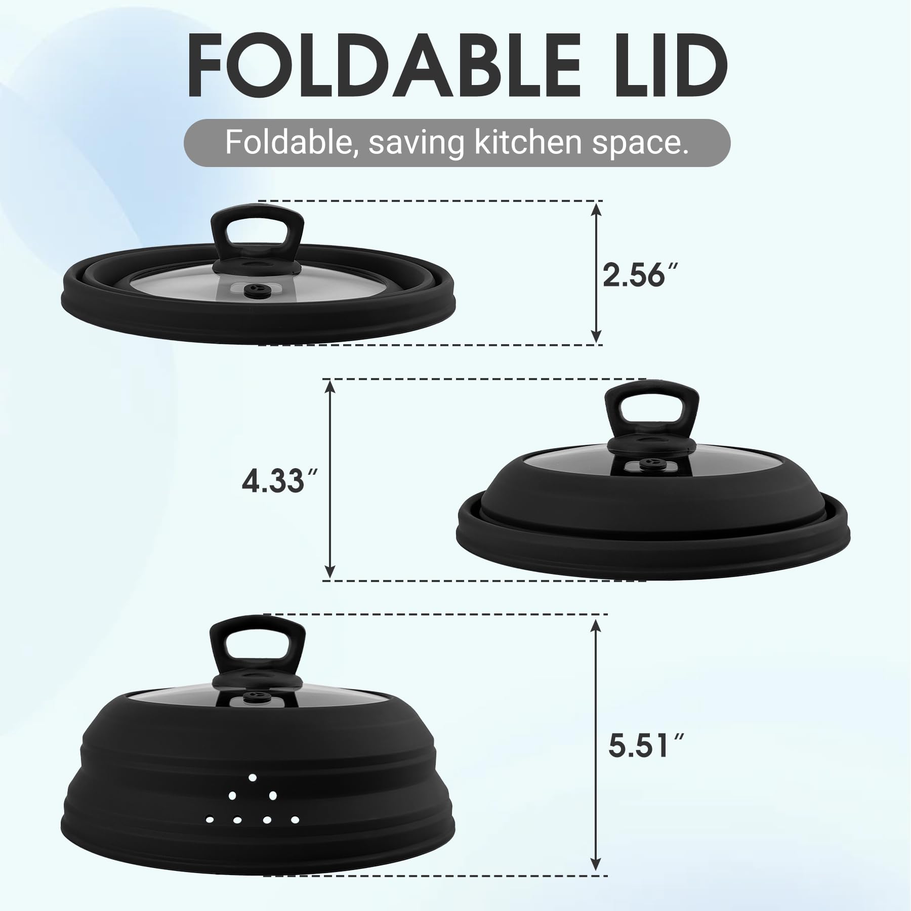 Cubierta de goteo para microondas, cubierta con asa para alimentos, plegable, silicona, cubierta con orificio de vapor para sartén o tazón (Negro, 10.5 Pulgadas)