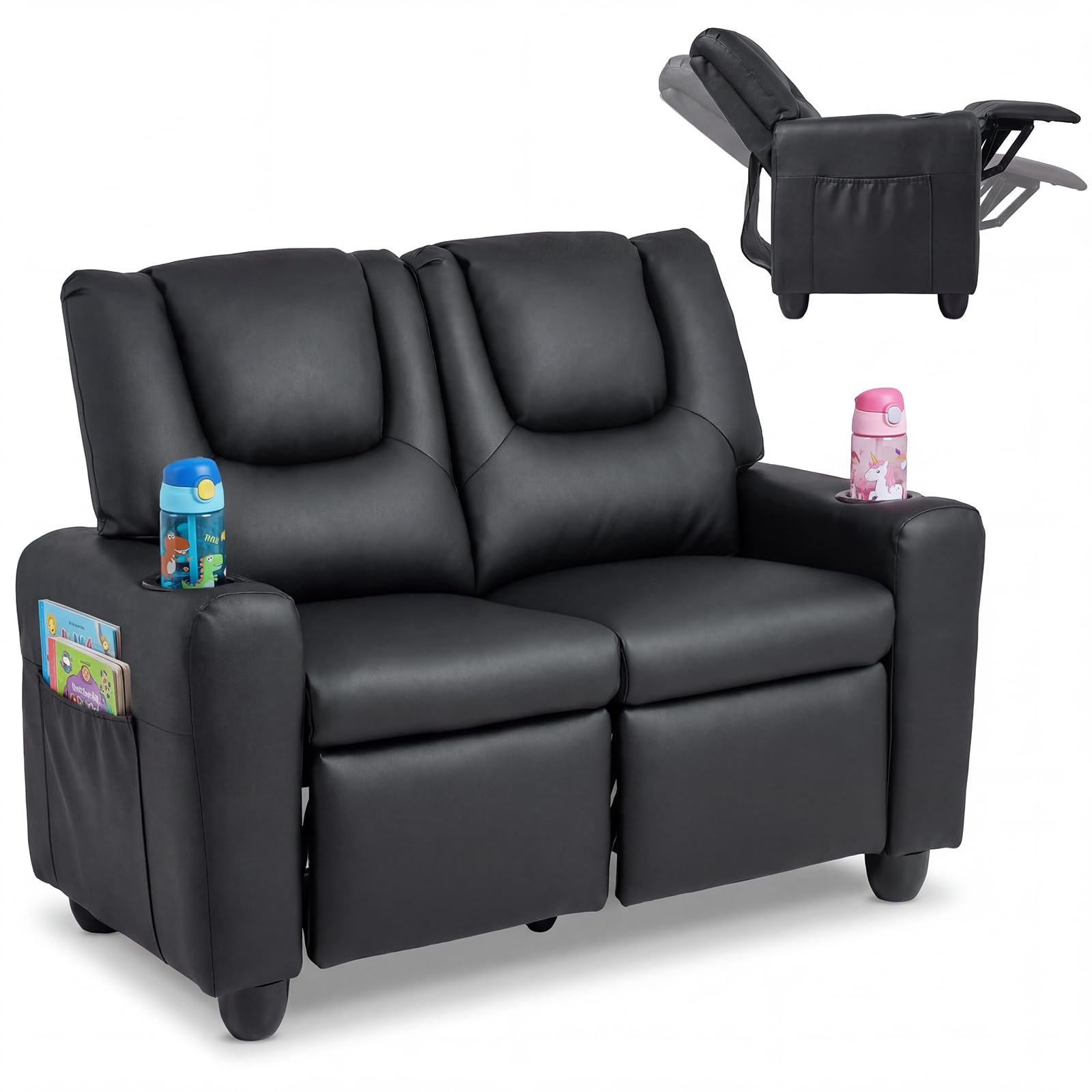 COSTWAY Kids Recliner Chair, 2-Seater Children Sofa (Black)