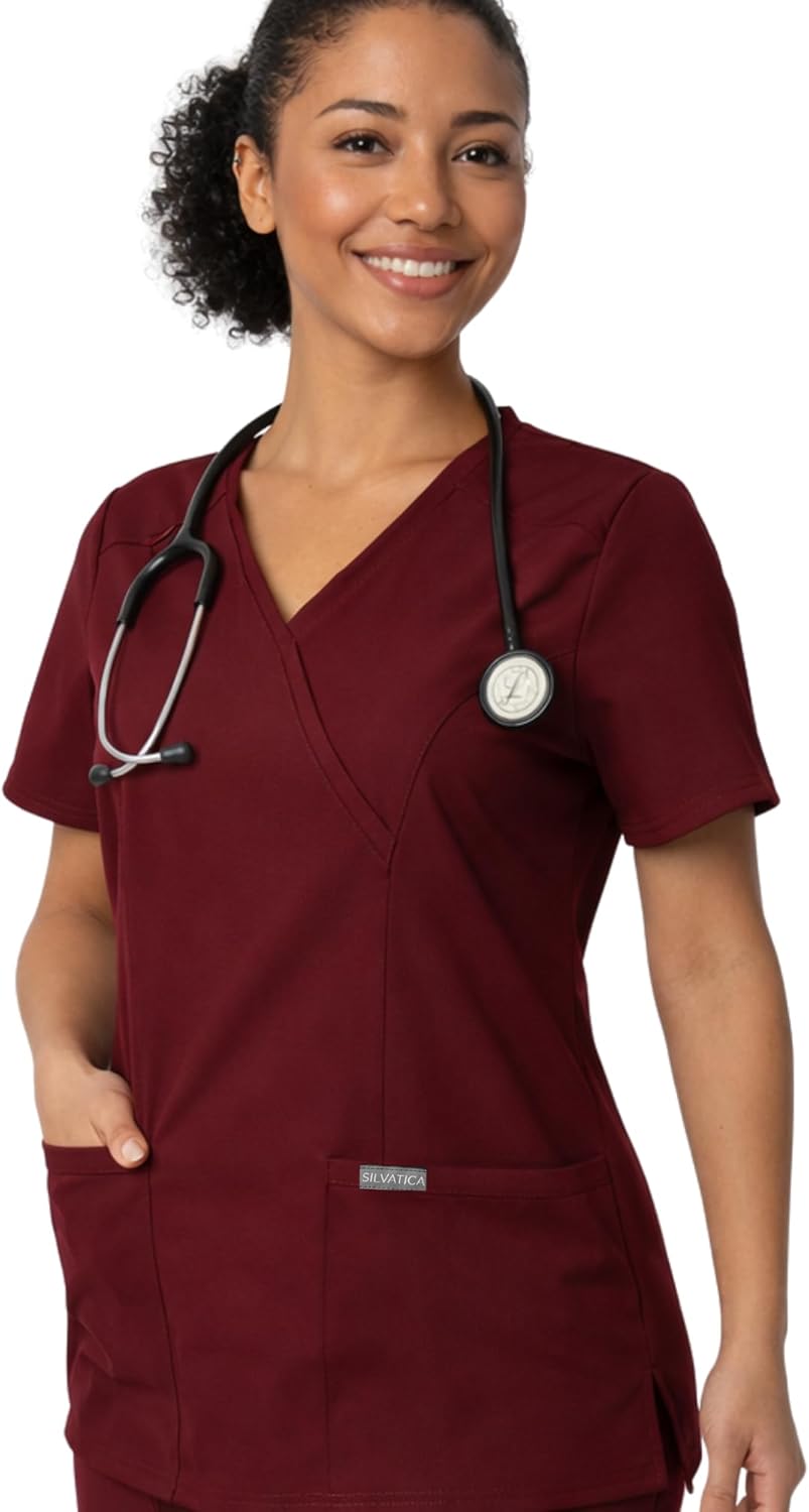 Silvatica Women's V-Neck Scrub Top, 2 Pockets | Slim Fit 4-Way Stretch Breathable Turkish Fabric | Nursing Medical Uniform
