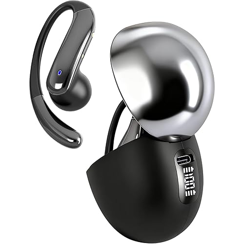 Open Ear Clip Wireless Earbuds Bone Conduction Headphones, Bluetooth 5.4, Open Ear Design, Built-in Mic, IPX7 Waterproof, LED Display Charging Case,Ear Hooks Ear Buds,Design for Running Walking Black
