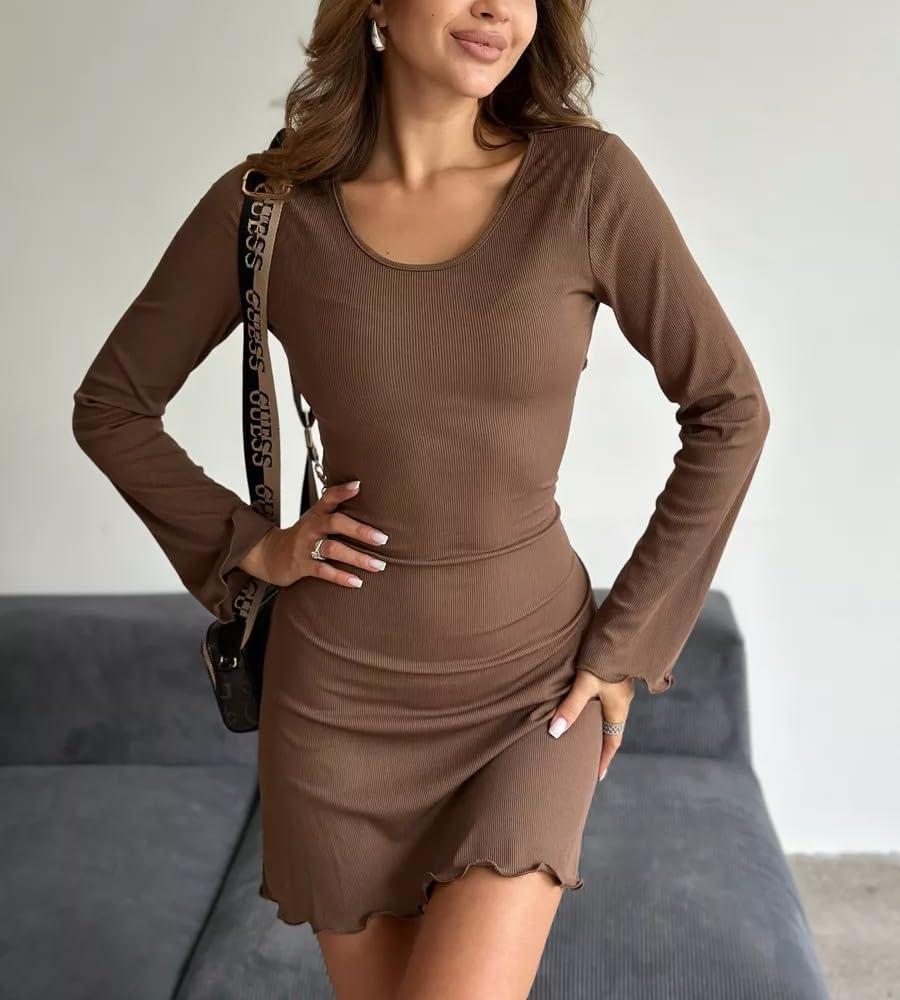 MiiVoo Women's Short/Long Sleeve Casual Mini Dress Square Neck Stretchy Bodycon Party Club Short Dresses - Image 3