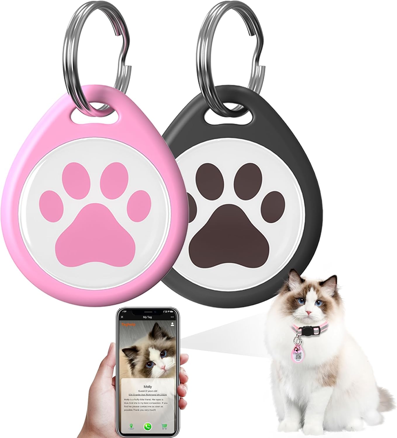 (2 Pack) QR Code Pet ID Dog cat Tags for Collar Personalized for Pet Online Profile – Scan QR Receive Instant Pet Location Alert Email, Anti-Lost,No Subscription fees (Black & Pink, for cat – 1″)