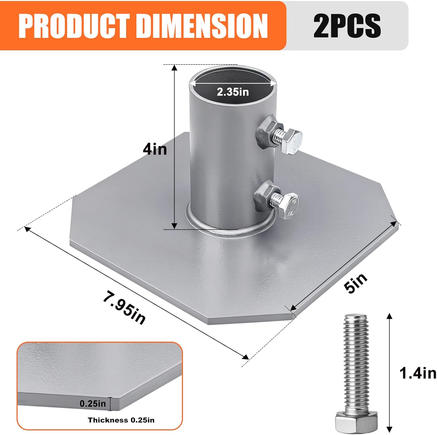 Stationary Dock Bottom Pad 8x8 Inch with 2-1/8 Inch Inner Diameter Grey Galvanized Steel Base Plate Heavy Duty Hardware for Floating Dock Support