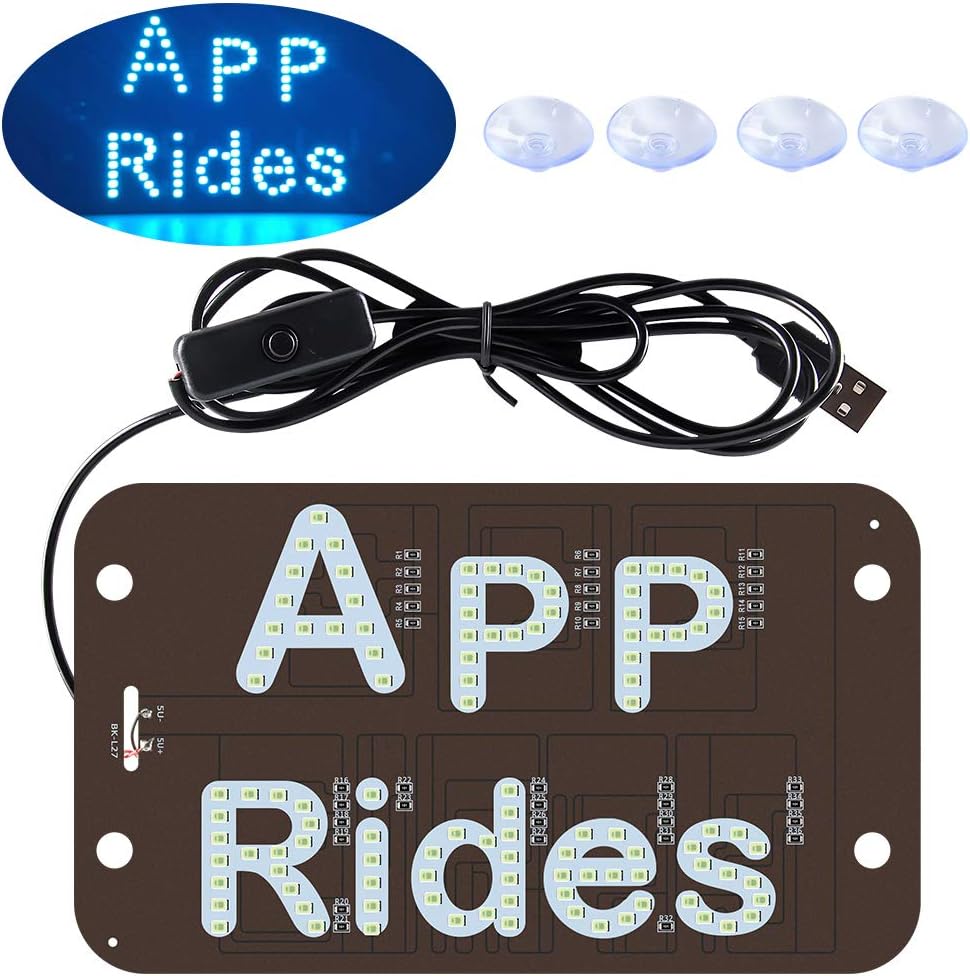 KaiDengZhe LED Sign Light APP Rides Sign Decor with Suction Cups Glowing Decal Accessories USB LED Interior Indicator Lamp for Driver on Hook on Car Window Windshield （Ice Blue）